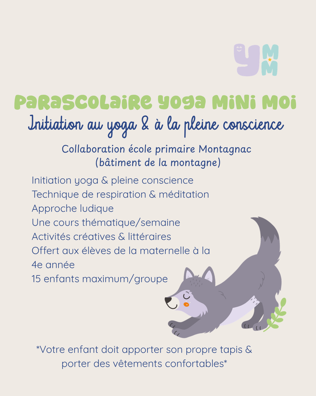 Parascolaire Yoga Mini Moi - Session AUTOMNE 2026 *École Montagnac - Bâtiment de la montagne